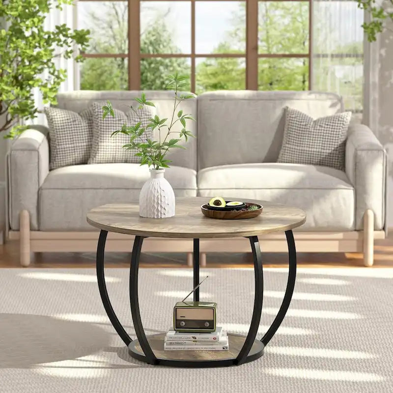 Round Farmhouse Coffee Table w/Storage & Adj. Feet for Small Spaces