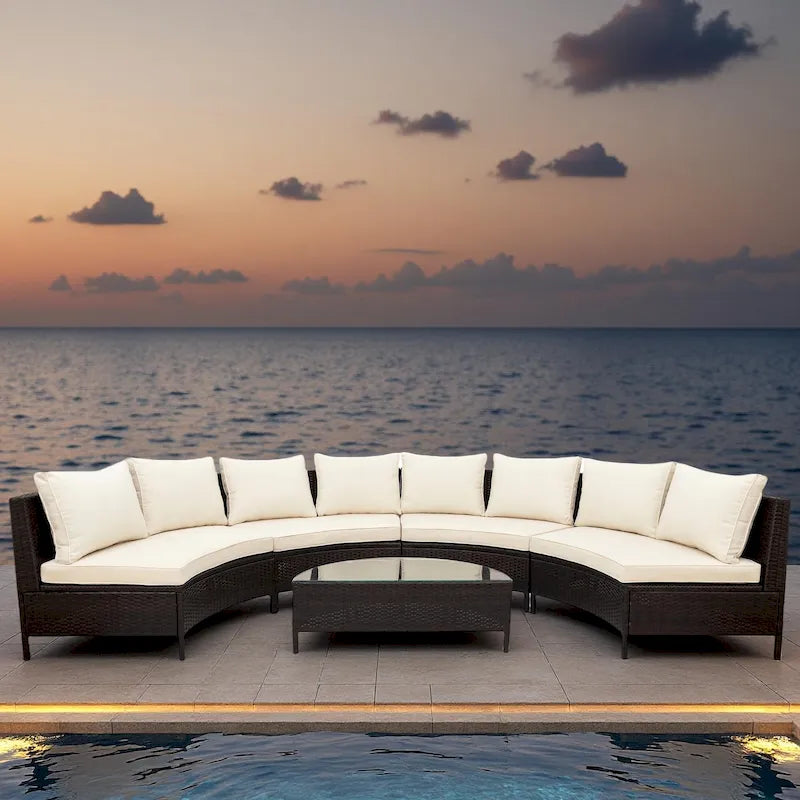 5-Piece Outdoor Rattan Half-Moon Sectional Sofa Set with Tempered Glass Coffee Table