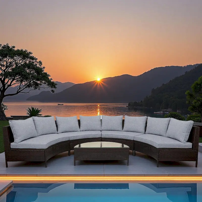 5-Piece Outdoor Rattan Half-Moon Sectional Sofa Set with Tempered Glass Coffee Table