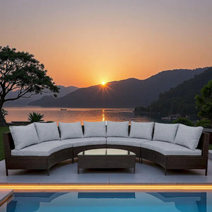 5-Piece Outdoor Rattan Half-Moon Sectional Sofa Set with Tempered Glass Coffee Table