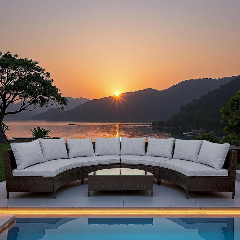 5-Piece Outdoor Rattan Half-Moon Sectional Sofa Set with Tempered Glass Coffee Table