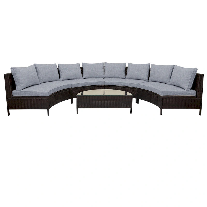 5-Piece Outdoor Rattan Half-Moon Sectional Sofa Set with Tempered Glass Coffee Table