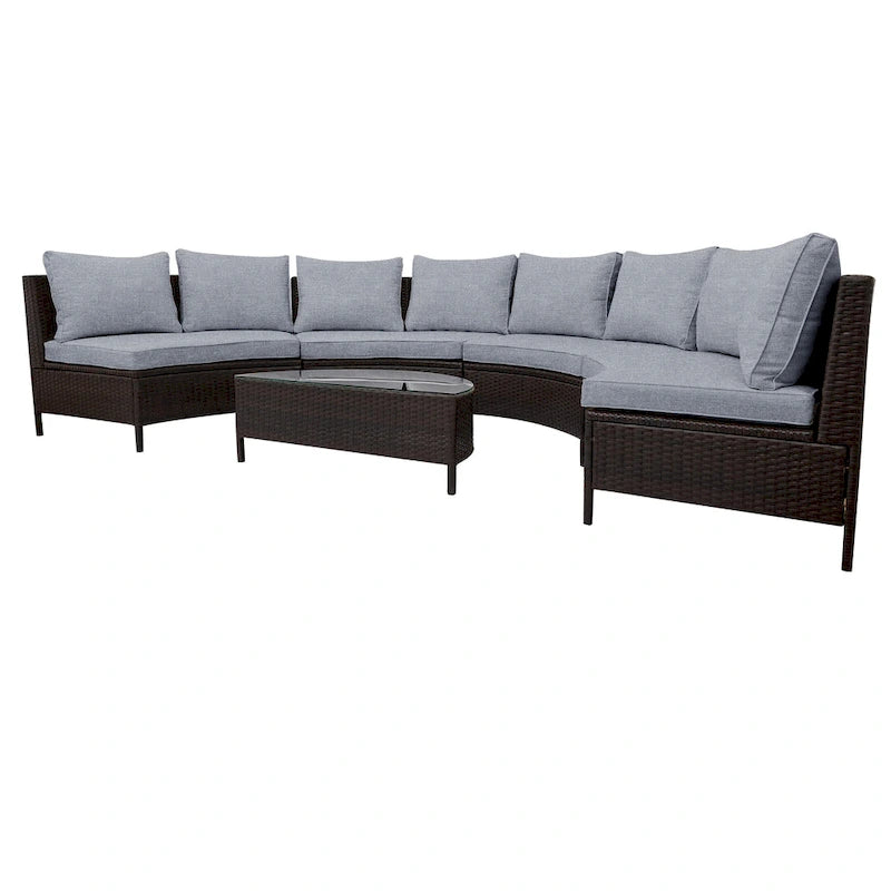5-Piece Outdoor Rattan Half-Moon Sectional Sofa Set with Tempered Glass Coffee Table