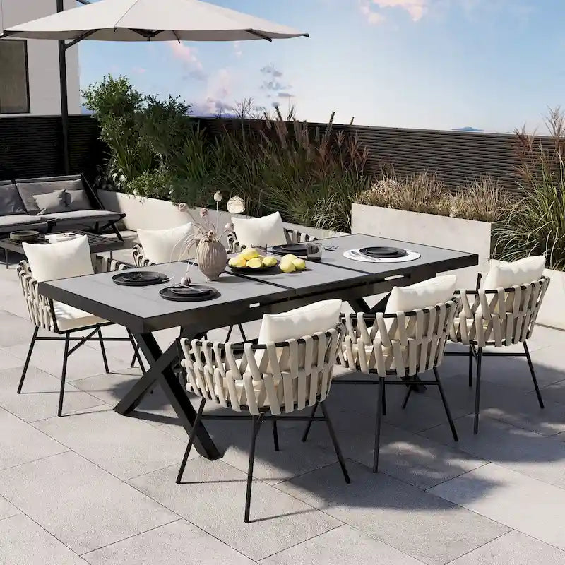 Outdoor Dining Set for 6, Patio X-Shaped Legs Extendable Dining Table with 6 Woven Tape Chairs