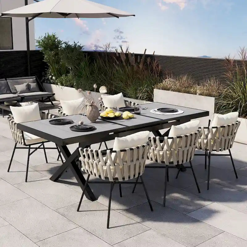 Outdoor Dining Set for 6, Patio X-Shaped Legs Extendable Dining Table with 6 Woven Tape Chairs