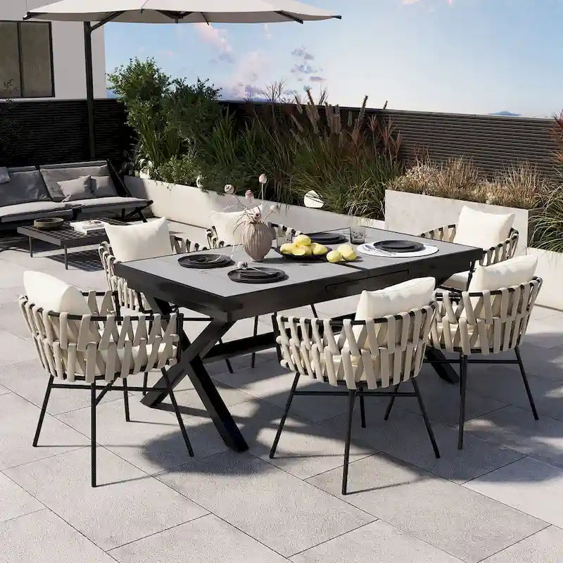 Outdoor Dining Set for 6, Patio X-Shaped Legs Extendable Dining Table with 6 Woven Tape Chairs