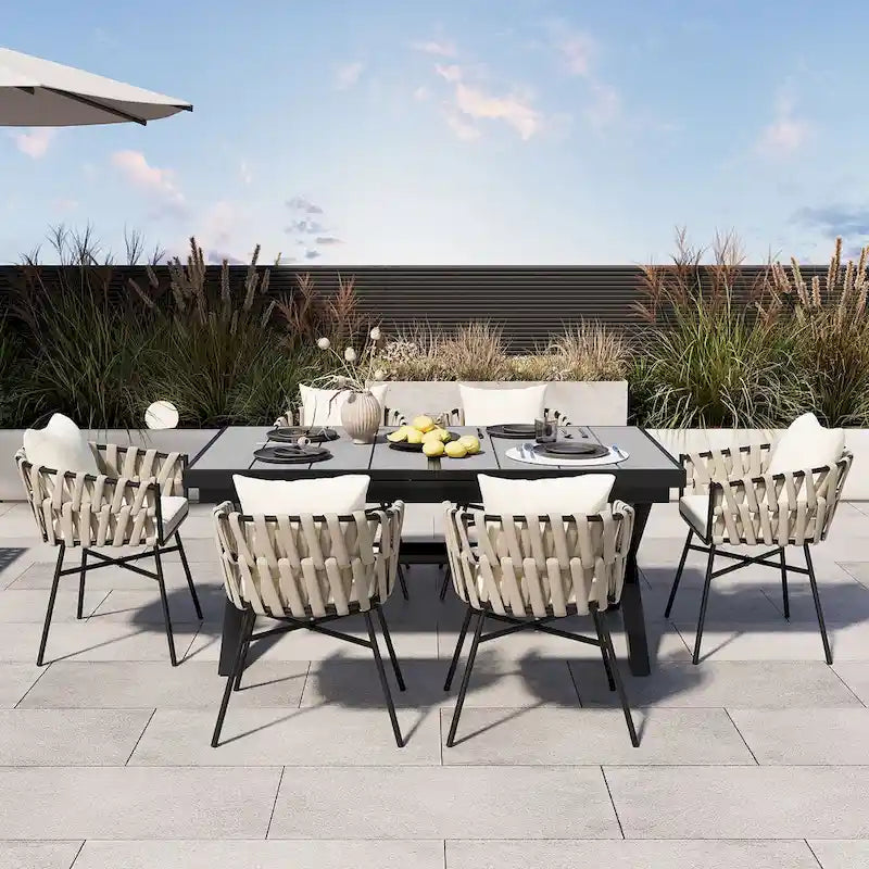 Outdoor Dining Set for 6, Patio X-Shaped Legs Extendable Dining Table with 6 Woven Tape Chairs