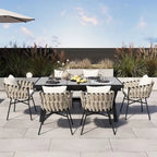 Outdoor Dining Set for 6, Patio X-Shaped Legs Extendable Dining Table with 6 Woven Tape Chairs