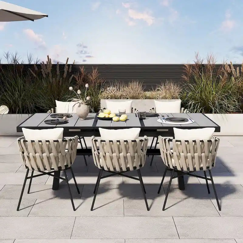 Outdoor Dining Set for 6, Patio X-Shaped Legs Extendable Dining Table with 6 Woven Tape Chairs