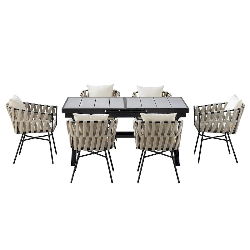 Outdoor Dining Set for 6, Patio X-Shaped Legs Extendable Dining Table with 6 Woven Tape Chairs