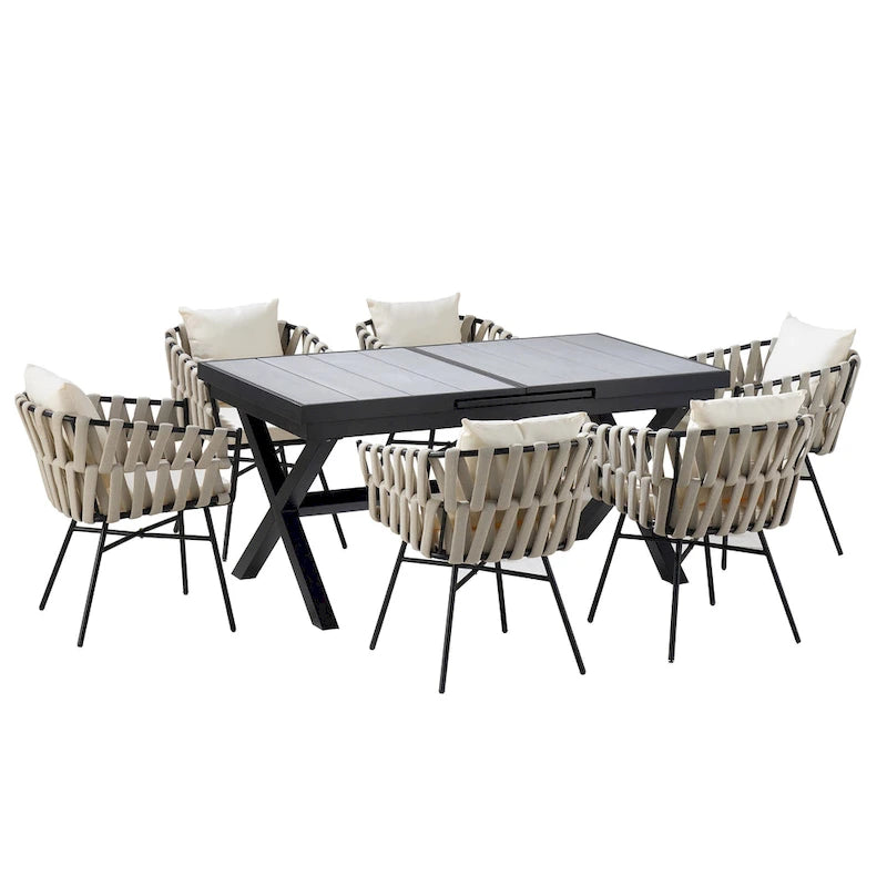 Outdoor Dining Set for 6, Patio X-Shaped Legs Extendable Dining Table with 6 Woven Tape Chairs