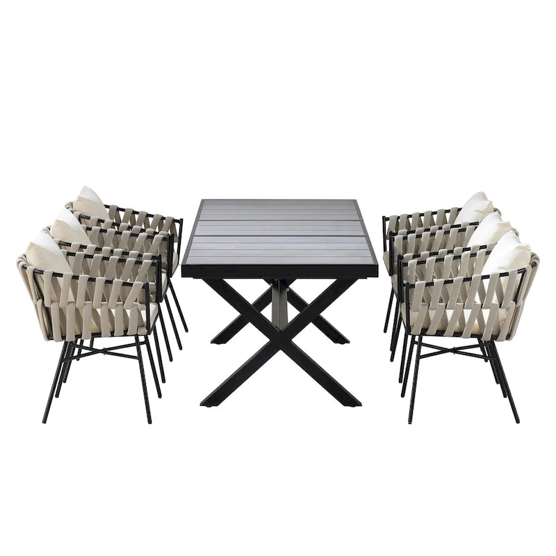 Outdoor Dining Set for 6, Patio X-Shaped Legs Extendable Dining Table with 6 Woven Tape Chairs
