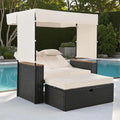 2-Piece Outdoor Patio Rattan Canopy Daybed Sunbed with 5 Positions Adjustable Backrest and Storage Bench