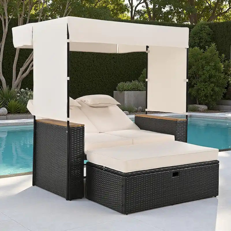 2-Piece Outdoor Patio Rattan Canopy Daybed Sunbed with 5 Positions Adjustable Backrest and Storage Bench