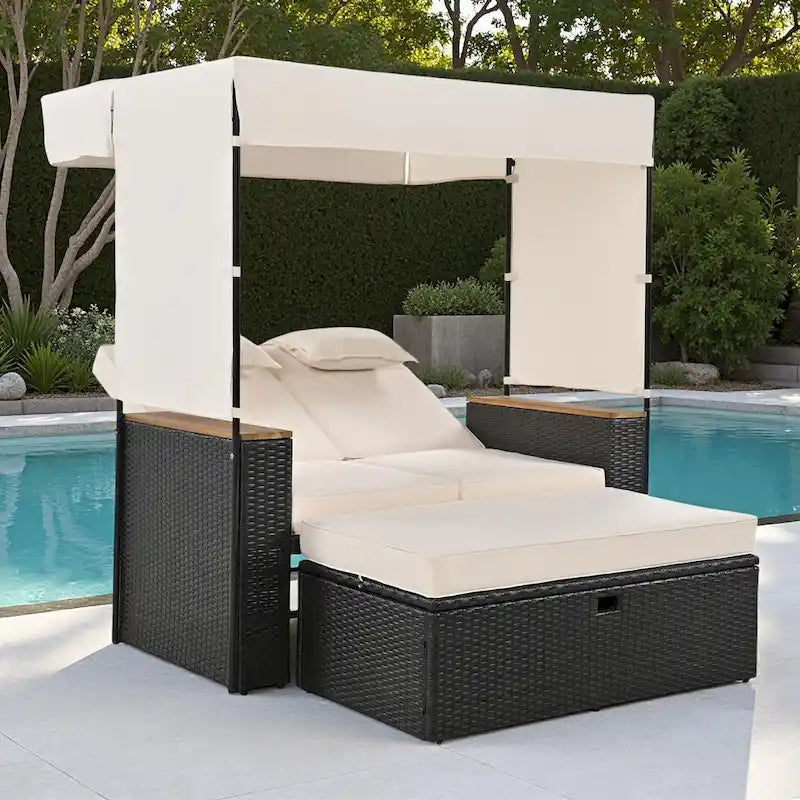 2-Piece Outdoor Patio Rattan Canopy Daybed Sunbed with 5 Positions Adjustable Backrest and Storage Bench