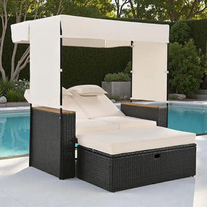 2-Piece Outdoor Patio Rattan Canopy Daybed Sunbed with 5 Positions Adjustable Backrest and Storage Bench