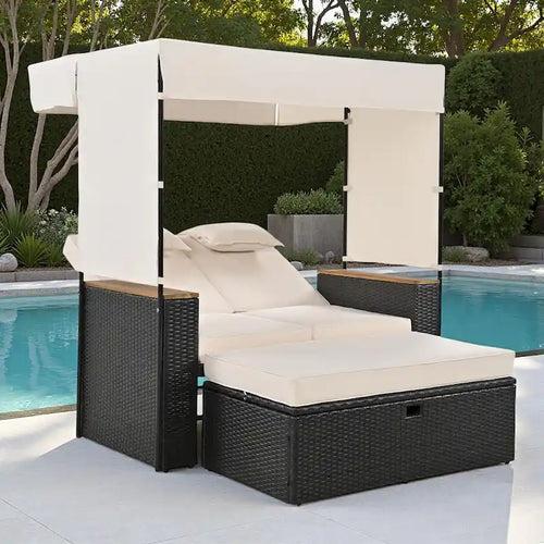 2-Piece Outdoor Patio Rattan Canopy Daybed Sunbed with 5 Positions Adjustable Backrest and Storage Bench