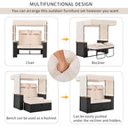 2-Piece Outdoor Patio Rattan Canopy Daybed Sunbed with 5 Positions Adjustable Backrest and Storage Bench