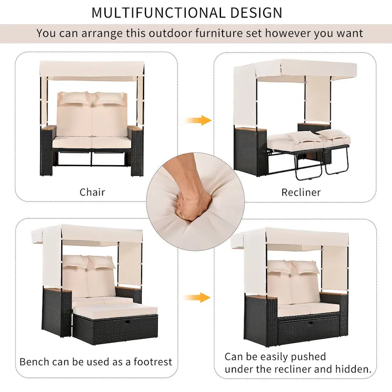 2-Piece Outdoor Patio Rattan Canopy Daybed Sunbed with 5 Positions Adjustable Backrest and Storage Bench