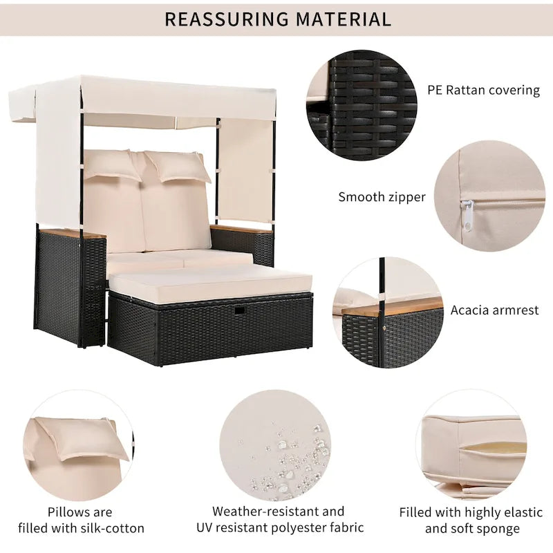 2-Piece Outdoor Patio Rattan Canopy Daybed Sunbed with 5 Positions Adjustable Backrest and Storage Bench