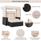 2-Piece Outdoor Patio Rattan Canopy Daybed Sunbed with 5 Positions Adjustable Backrest and Storage Bench