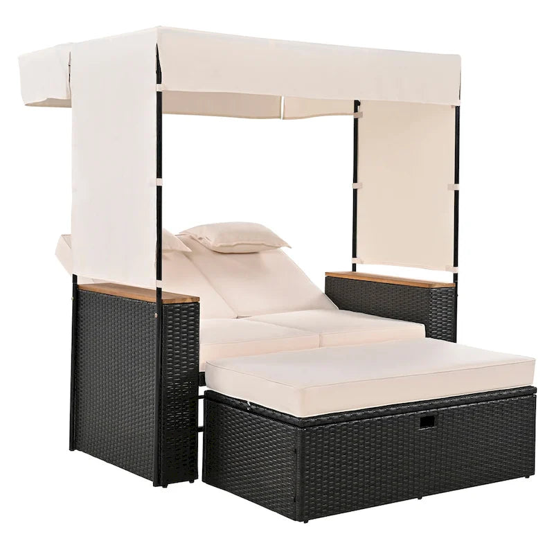 2-Piece Outdoor Patio Rattan Canopy Daybed Sunbed with 5 Positions Adjustable Backrest and Storage Bench