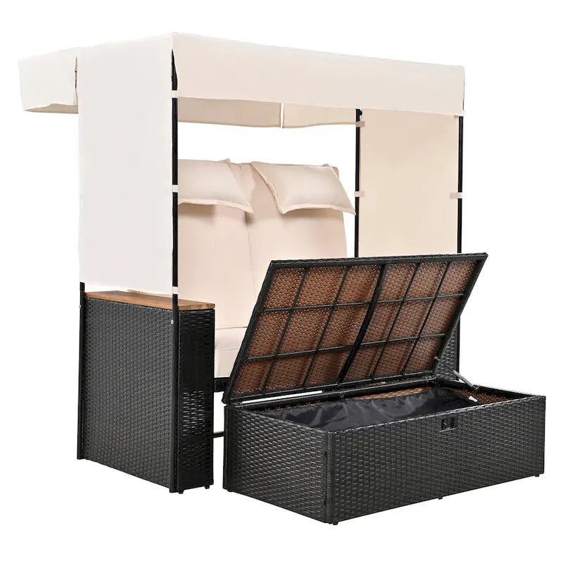 2-Piece Outdoor Patio Rattan Canopy Daybed Sunbed with 5 Positions Adjustable Backrest and Storage Bench