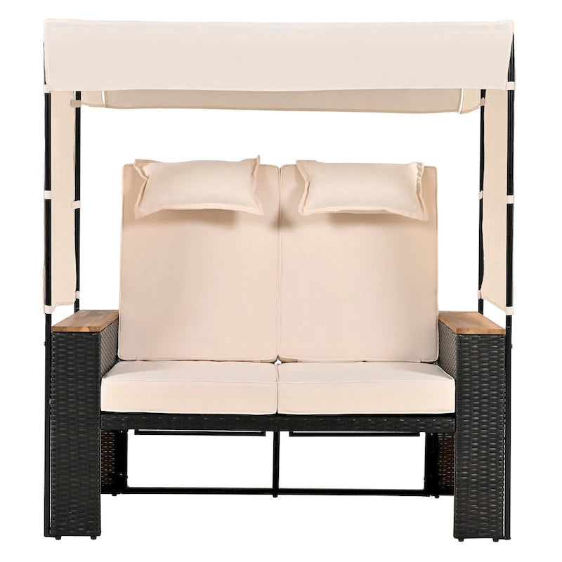 2-Piece Outdoor Patio Rattan Canopy Daybed Sunbed with 5 Positions Adjustable Backrest and Storage Bench