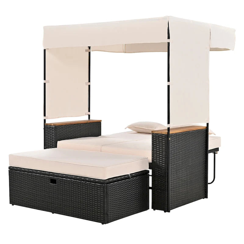 2-Piece Outdoor Patio Rattan Canopy Daybed Sunbed with 5 Positions Adjustable Backrest and Storage Bench