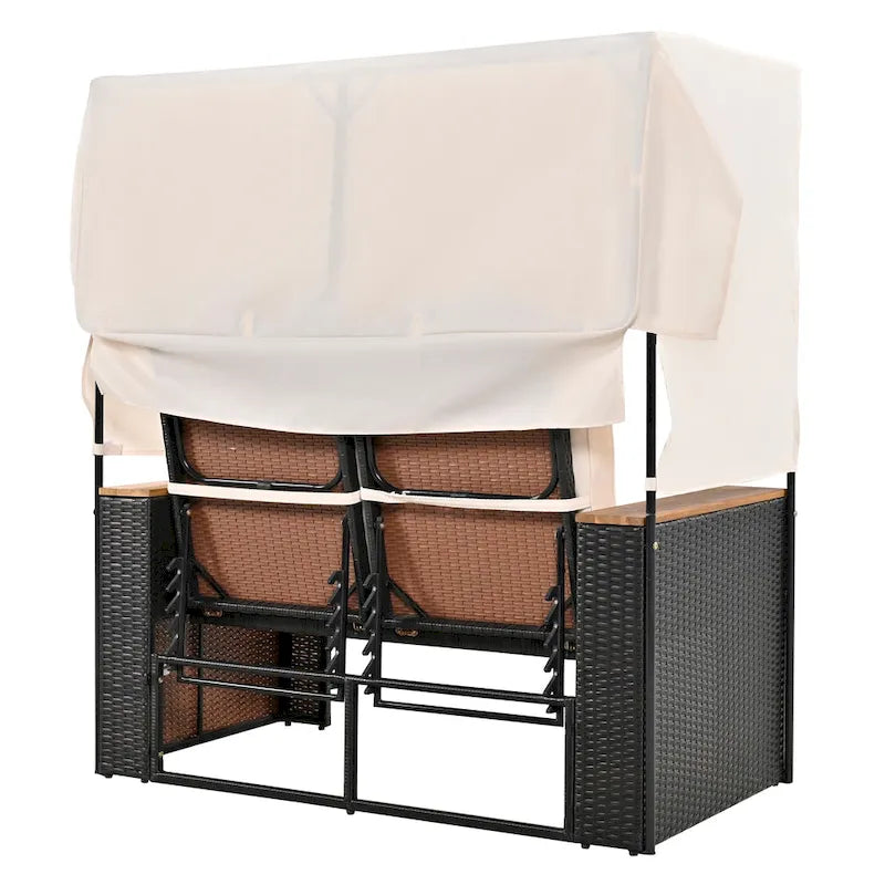 2-Piece Outdoor Patio Rattan Canopy Daybed Sunbed with 5 Positions Adjustable Backrest and Storage Bench