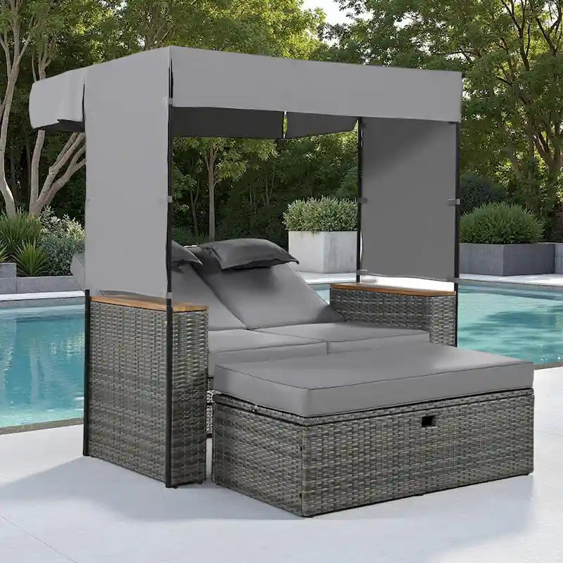2-Piece Outdoor Patio Rattan Canopy Daybed Sunbed with 5 Positions Adjustable Backrest and Storage Bench