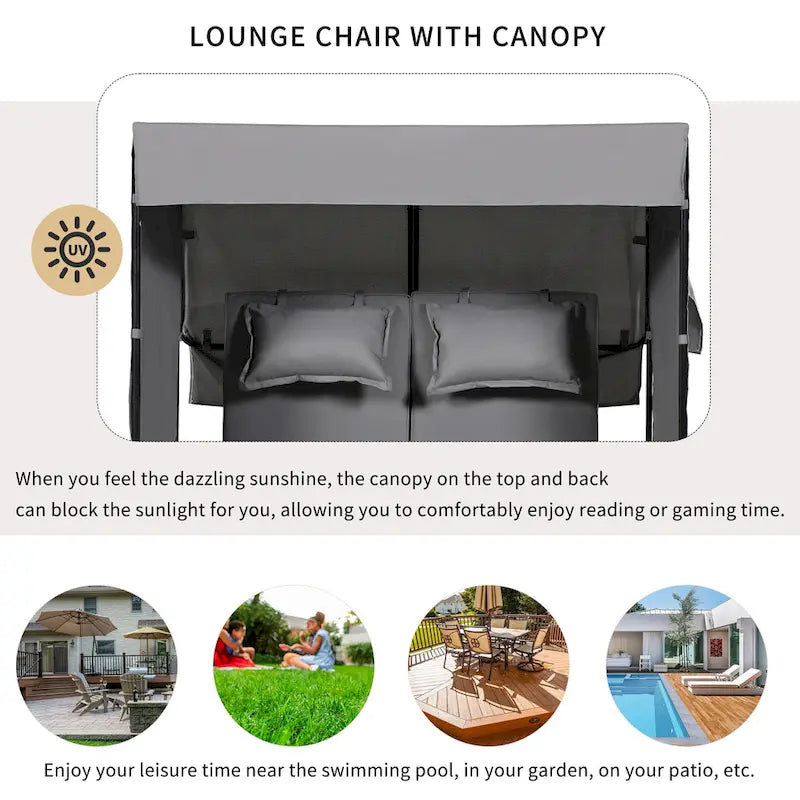 2-Piece Outdoor Patio Rattan Canopy Daybed Sunbed with 5 Positions Adjustable Backrest and Storage Bench