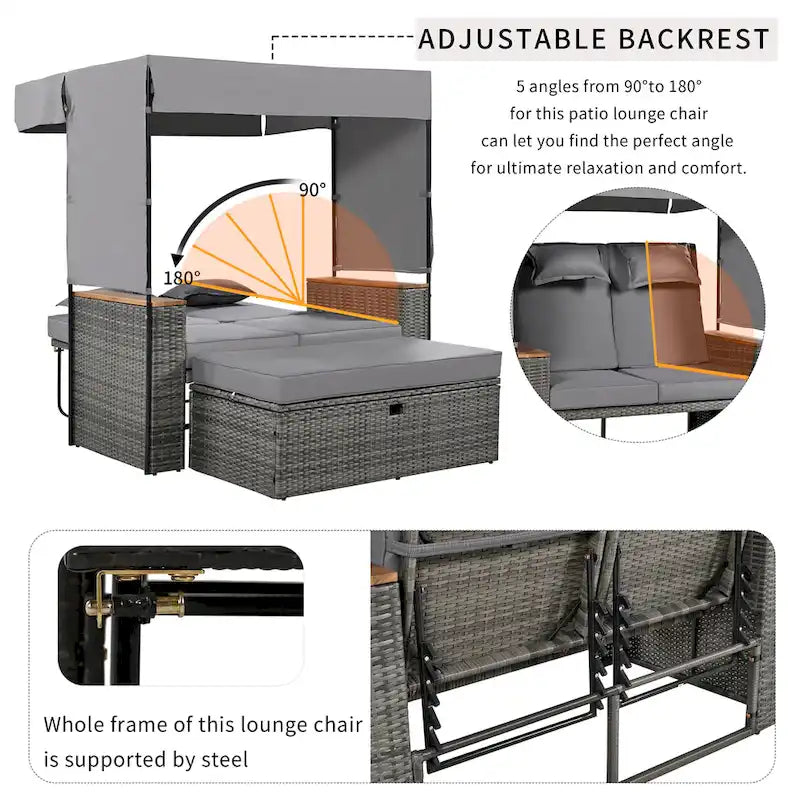 2-Piece Outdoor Patio Rattan Canopy Daybed Sunbed with 5 Positions Adjustable Backrest and Storage Bench