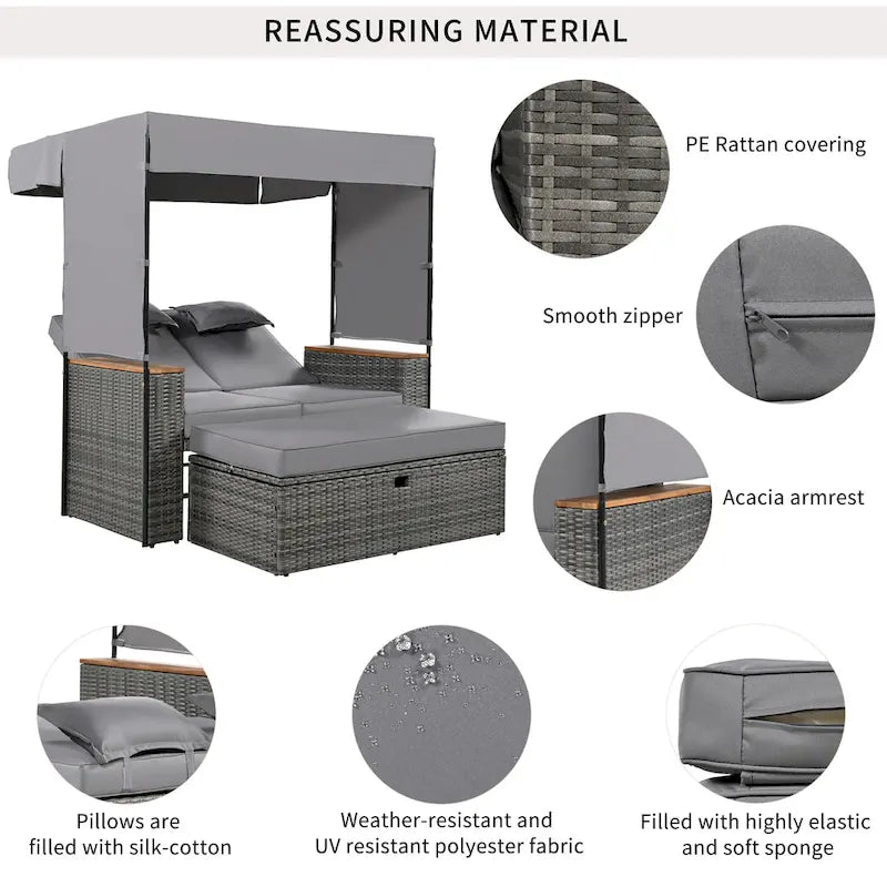2-Piece Outdoor Patio Rattan Canopy Daybed Sunbed with 5 Positions Adjustable Backrest and Storage Bench