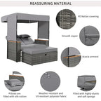 2-Piece Outdoor Patio Rattan Canopy Daybed Sunbed with 5 Positions Adjustable Backrest and Storage Bench