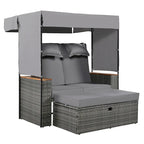 2-Piece Outdoor Patio Rattan Canopy Daybed Sunbed with 5 Positions Adjustable Backrest and Storage Bench
