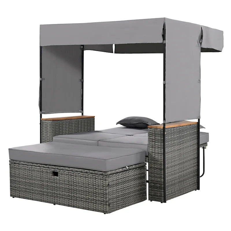 2-Piece Outdoor Patio Rattan Canopy Daybed Sunbed with 5 Positions Adjustable Backrest and Storage Bench