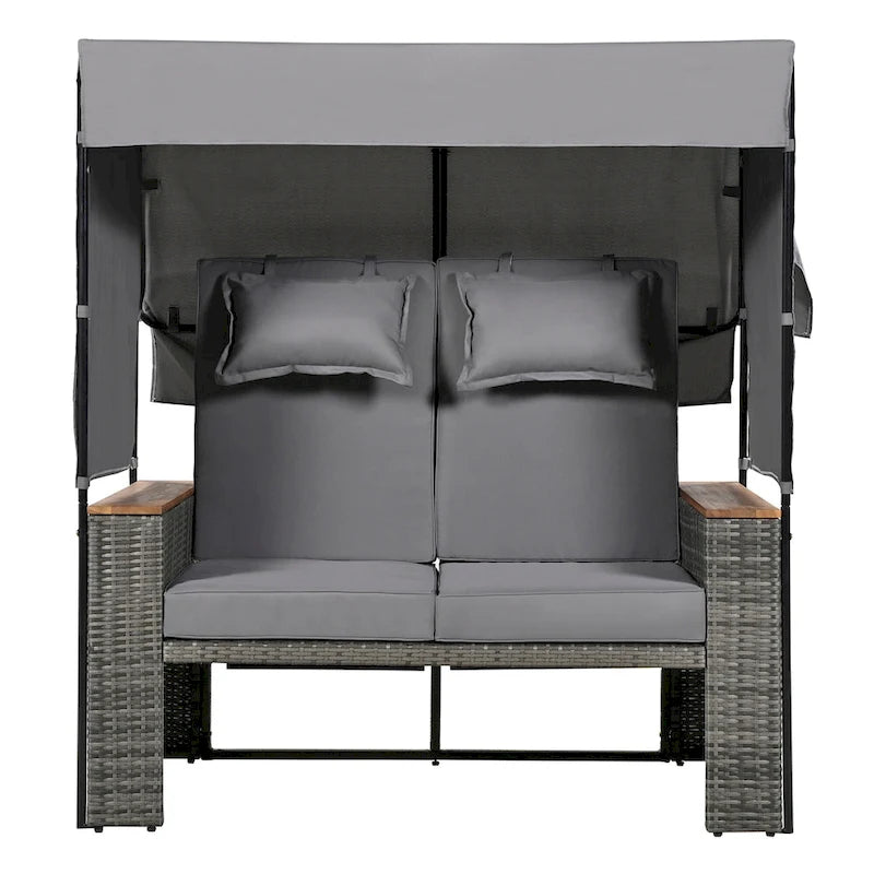 2-Piece Outdoor Patio Rattan Canopy Daybed Sunbed with 5 Positions Adjustable Backrest and Storage Bench