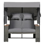 2-Piece Outdoor Patio Rattan Canopy Daybed Sunbed with 5 Positions Adjustable Backrest and Storage Bench