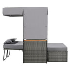 2-Piece Outdoor Patio Rattan Canopy Daybed Sunbed with 5 Positions Adjustable Backrest and Storage Bench