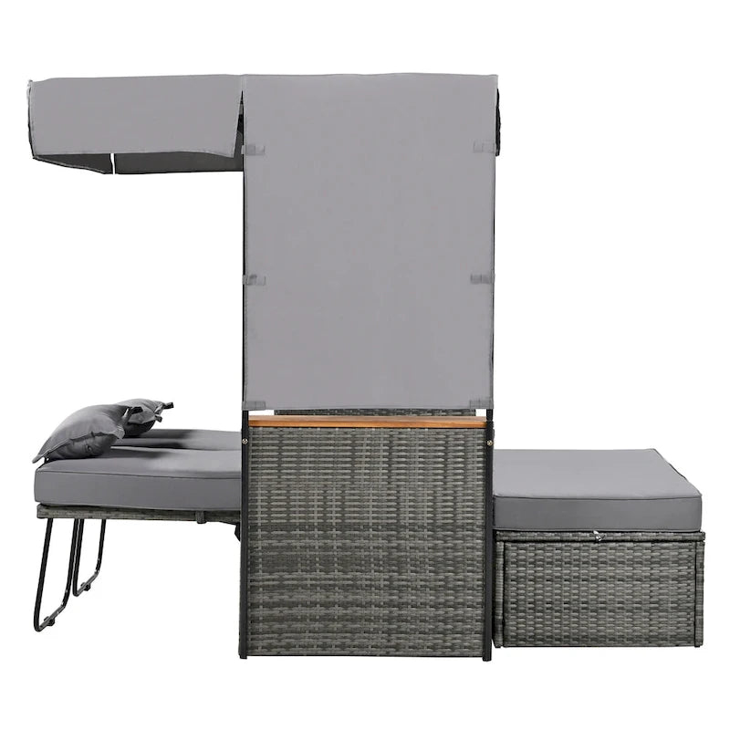 2-Piece Outdoor Patio Rattan Canopy Daybed Sunbed with 5 Positions Adjustable Backrest and Storage Bench