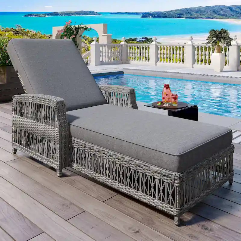 All Weather Rattan Pool Adjustable Wicker Lounge with Armrests & Soft Removable Cushions