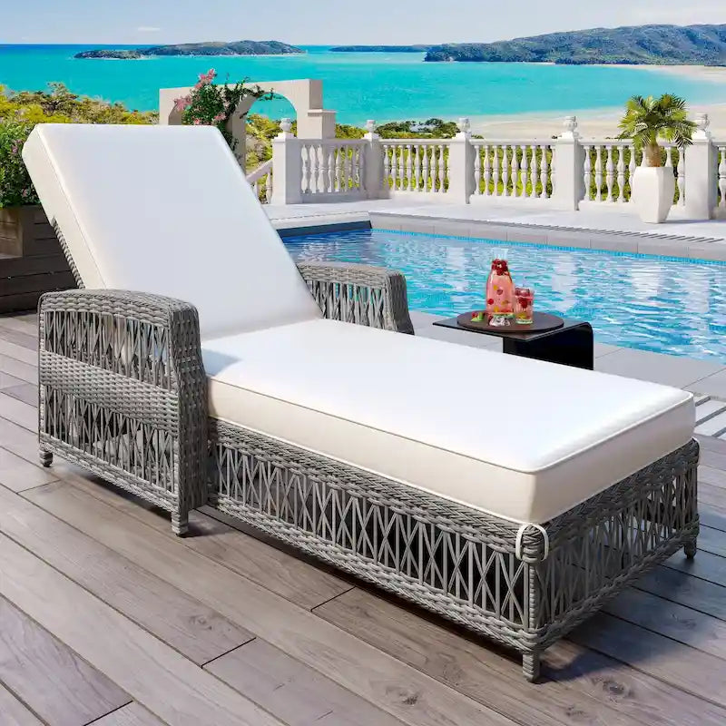 All Weather Rattan Pool Adjustable Wicker Lounge with Armrests & Soft Removable Cushions