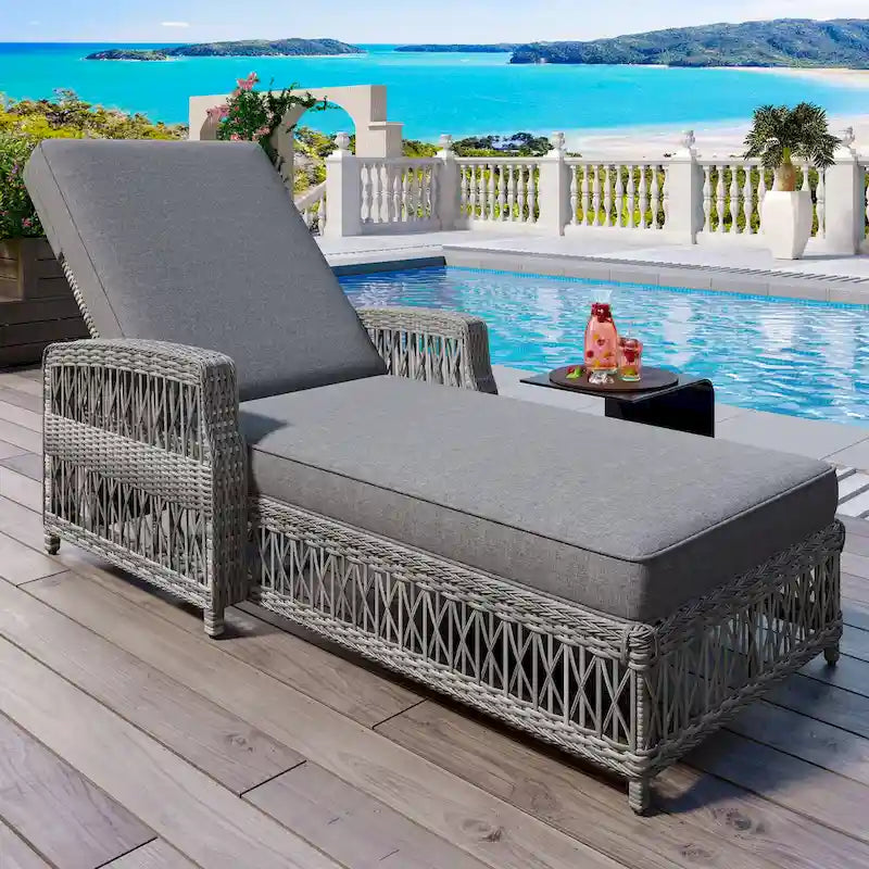 All Weather Rattan Pool Adjustable Wicker Lounge with Armrests & Soft Removable Cushions