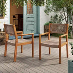 2pc Braided Dining Chair Set Light Brown Teak Acacia Wood and Rope Outdoor Patio Chairs 35in Tall 400lb Capacity