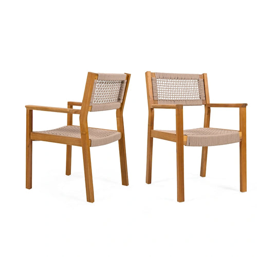 2pc Braided Dining Chair Set Light Brown Teak Acacia Wood and Rope Outdoor Patio Chairs 35in Tall 400lb Capacity