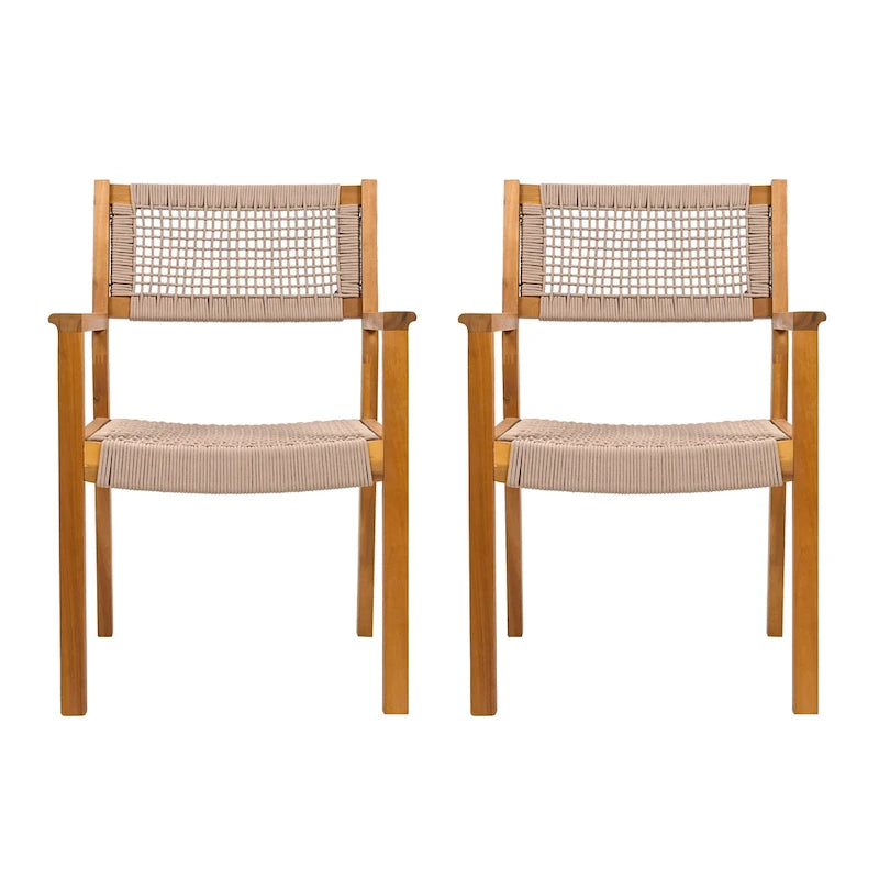 2pc Braided Dining Chair Set Light Brown Teak Acacia Wood and Rope Outdoor Patio Chairs 35in Tall 400lb Capacity