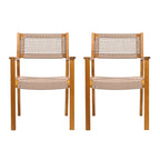 2pc Braided Dining Chair Set Light Brown Teak Acacia Wood and Rope Outdoor Patio Chairs 35in Tall 400lb Capacity