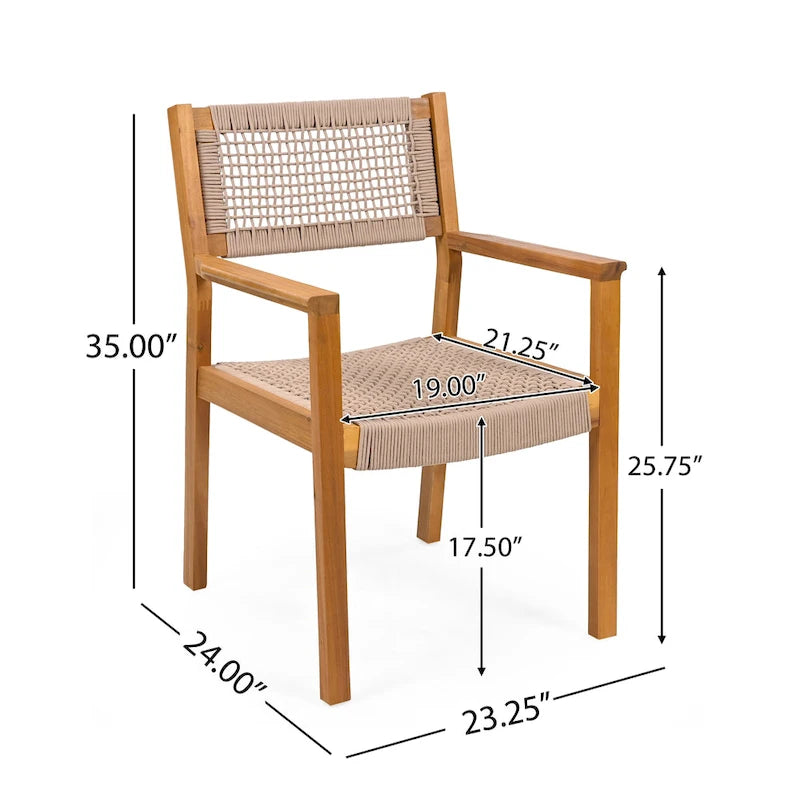 2pc Braided Dining Chair Set Light Brown Teak Acacia Wood and Rope Outdoor Patio Chairs 35in Tall 400lb Capacity