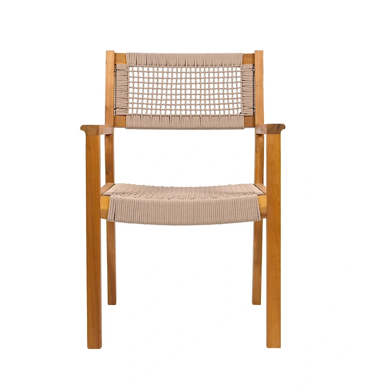 2pc Braided Dining Chair Set Light Brown Teak Acacia Wood and Rope Outdoor Patio Chairs 35in Tall 400lb Capacity